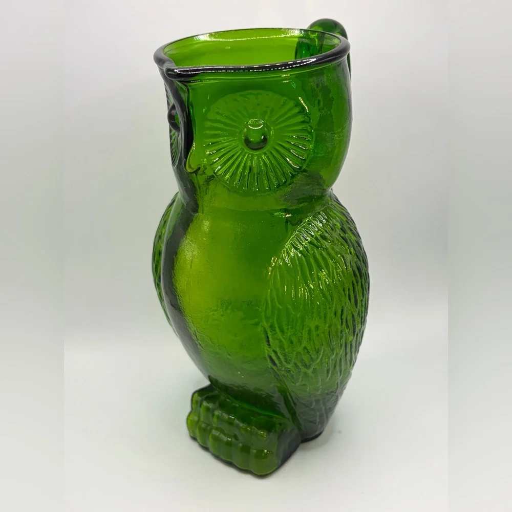 Vintage Green Art Glass Owl Figure Pitcher / Vase, Cottagecore Whimsigoth Decor